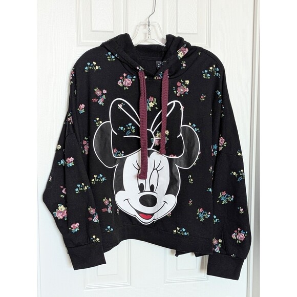 Disney Tops - Disney Minnie Mouse Womens (2XL) Floral Hoodie Sweatshirt w/Burgundy Drawstrings